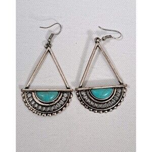 Dangle Cutout Faux Turquoise and Silver Tone Earrings Triangle & Half Circle